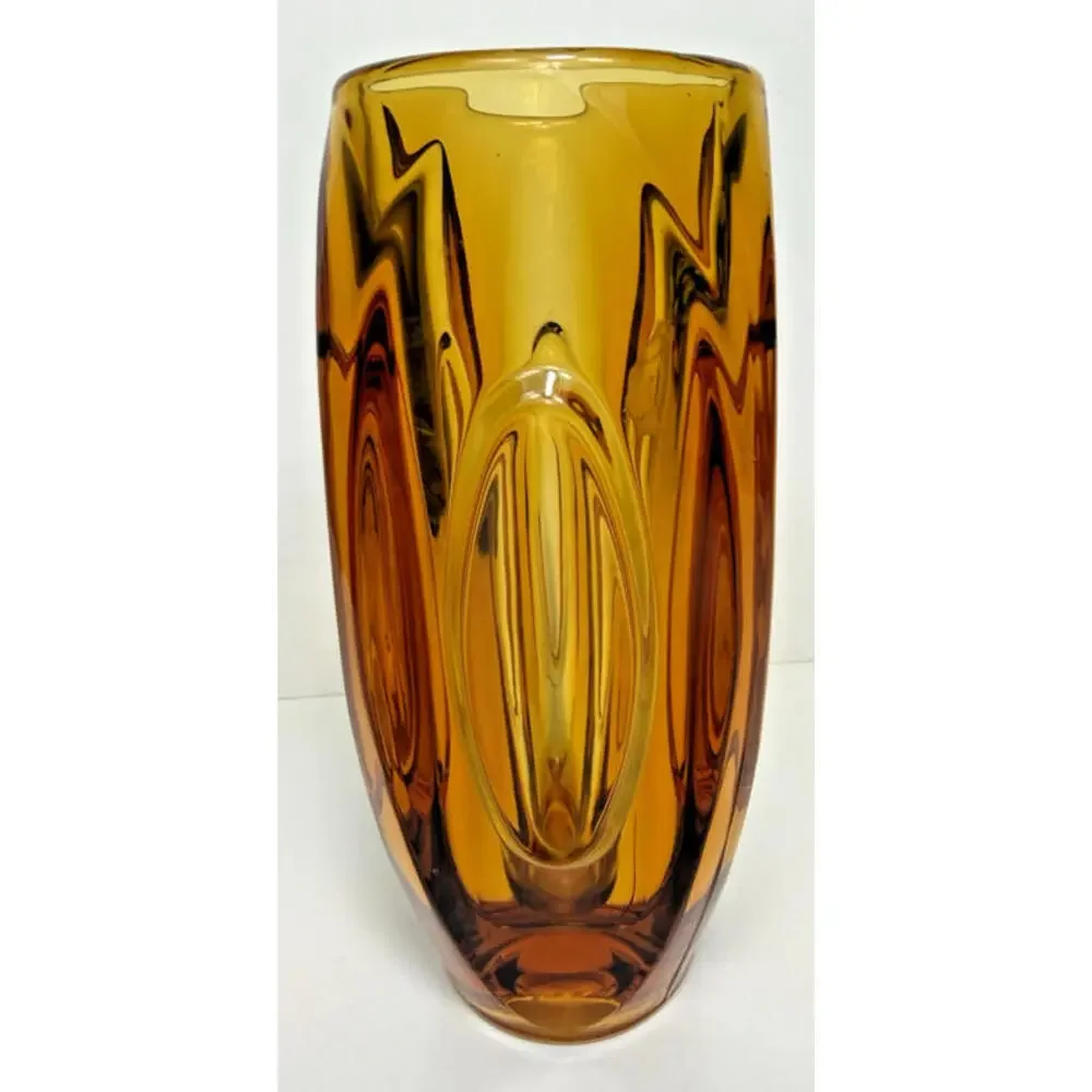 SKLO Vase Amber Yellow Glass Bullet Lens 8"H Czech 60s Mid Mod MCM Hand Blown - Picture 7 of 15
